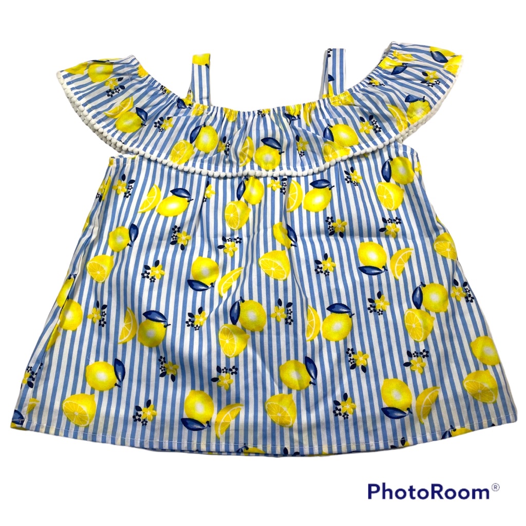 Nwot Okie Dokie Lemon Print On Blue And White Strips Blouse Size 3t